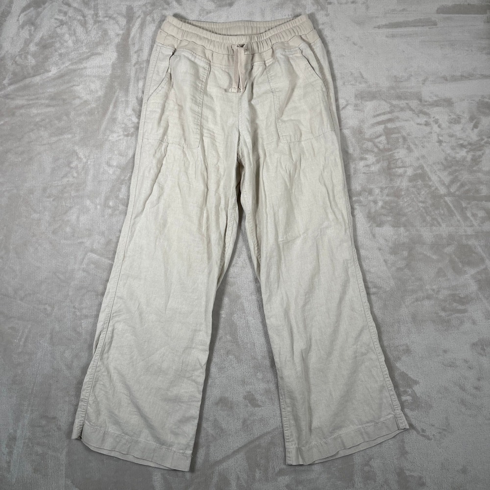 Risen Women's Pants Pull On Drawstring Linen Blend Neutral Wide Leg M Beige